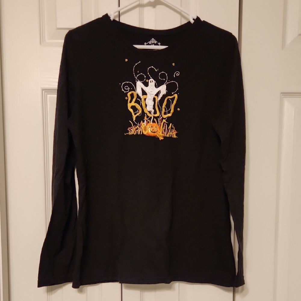 Black Halloween Embroidered Ghost - Pumpkin Boo Long Sleeve Shirt Junior Size L